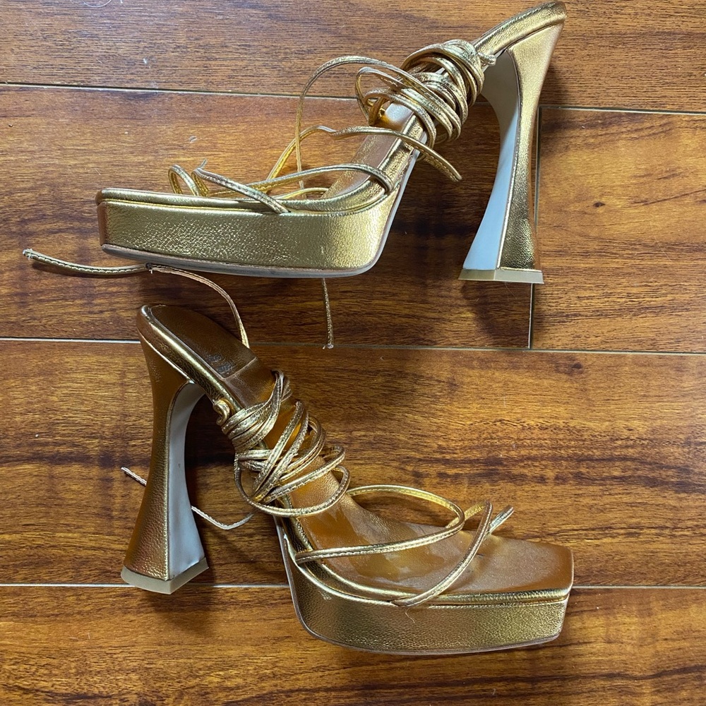 Jeffrey Campbell gold lace up heels ￼